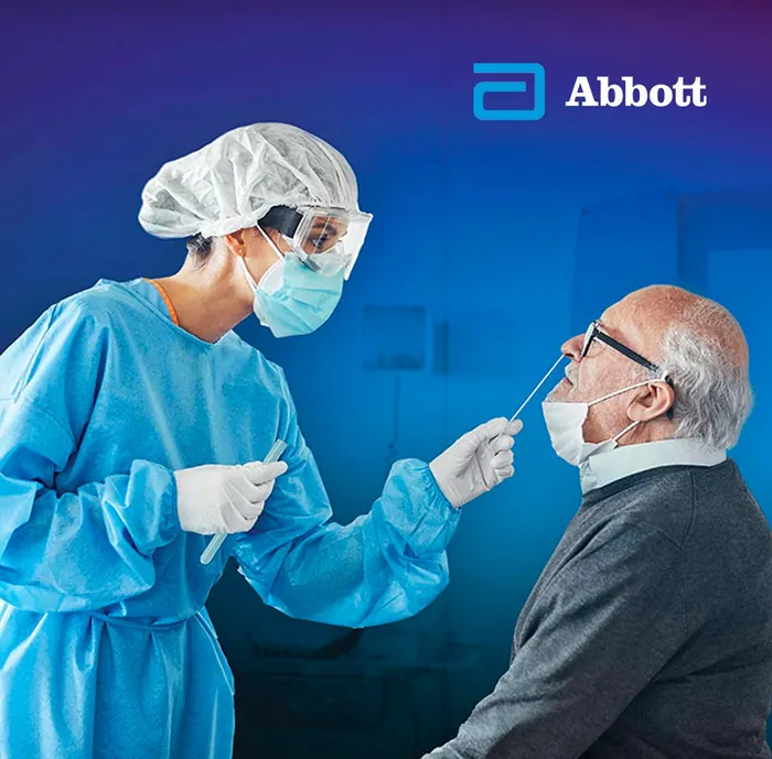Abbott campaign image of a clinician taking a nasal swab