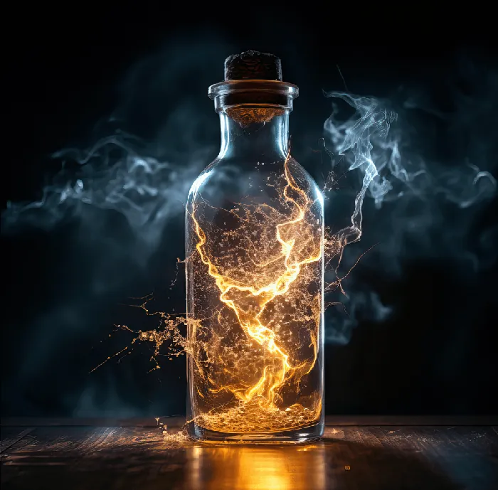 A glass bottle holding golden lightning